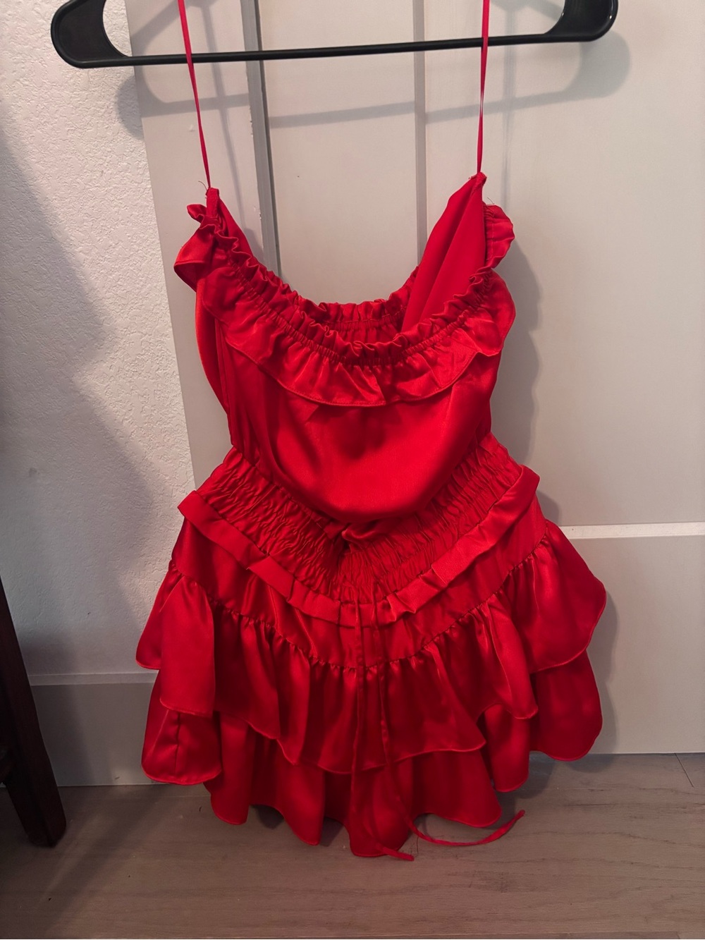 Red Ruffle Satin Romper with Spaghetti Straps